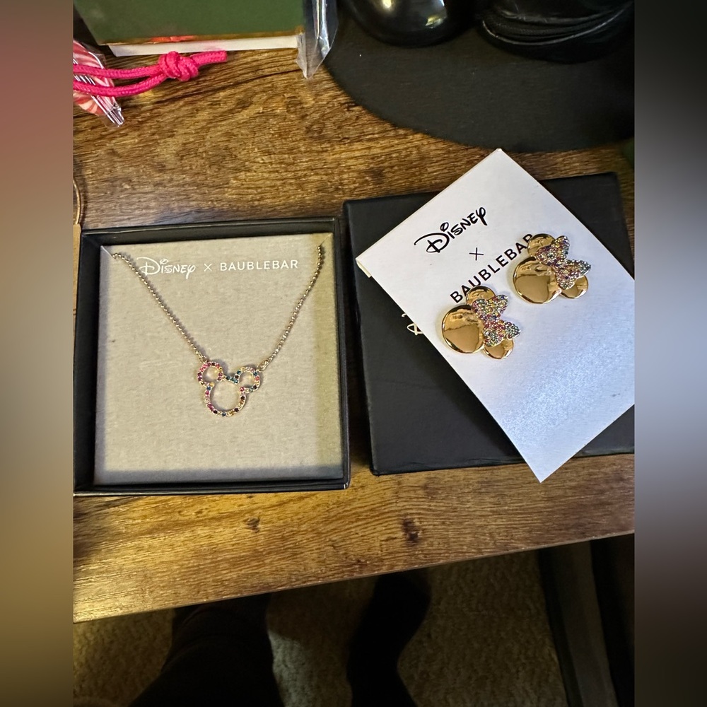 Disney earrings and matching necklace. NWT